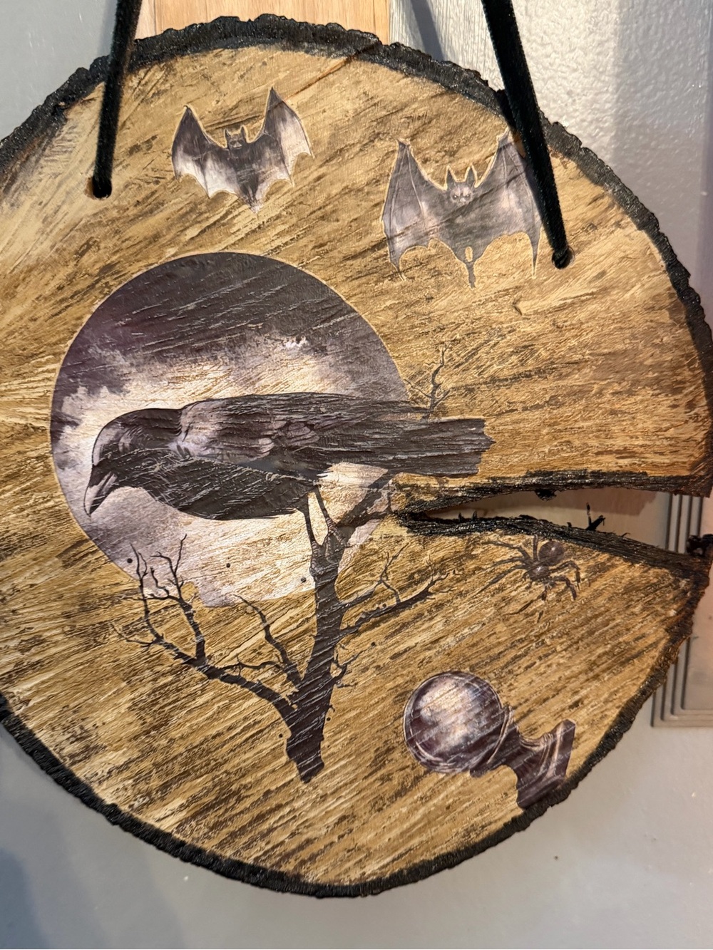 Hand-Painted Raven Wood Slice Wall Art - Rustic Black Accent